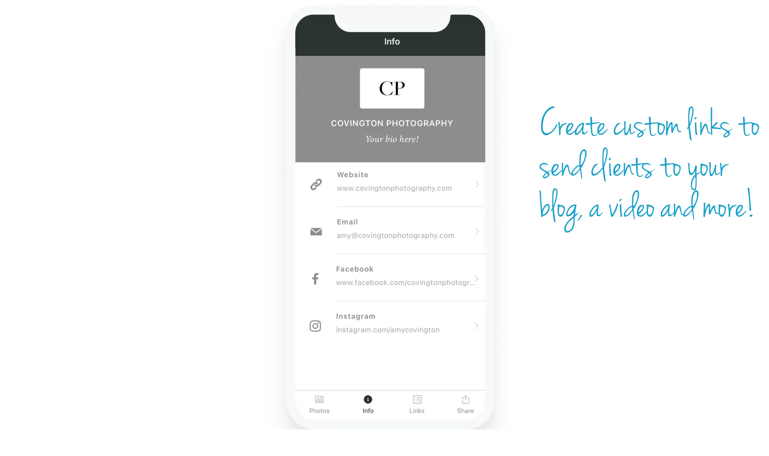Custom links in ShootProof Mobile App