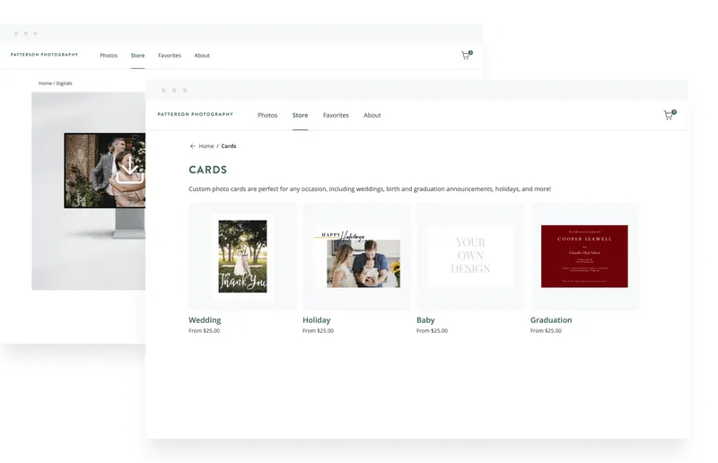 View of card options and ShootProof Storefront