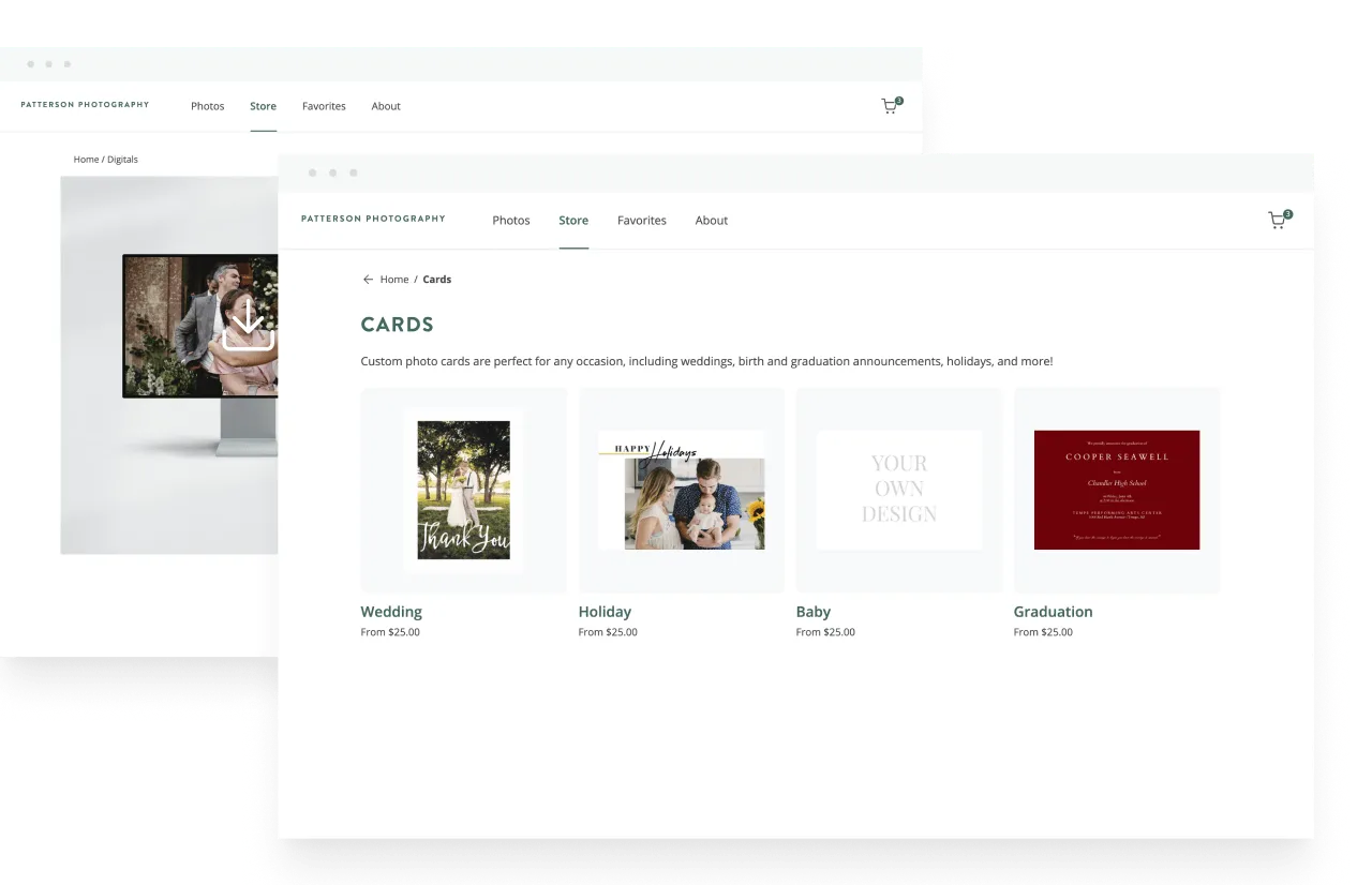 Website screenshot: Custom photo card options for weddings, holidays, babies, graduations, and more; pricing shown