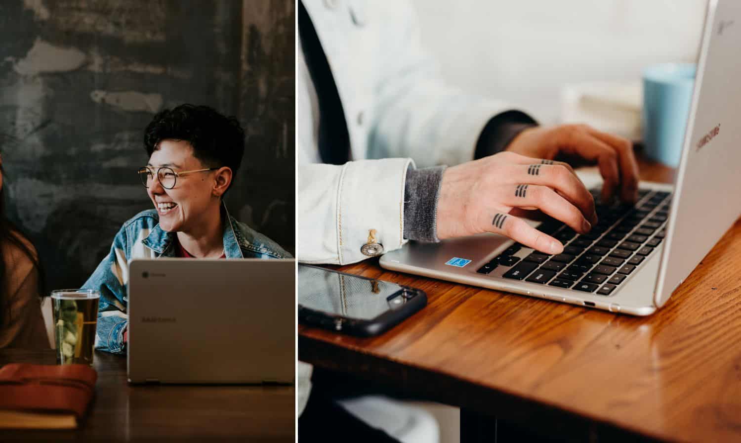 A tattooed person sits in a coffee shop with their laptop editing photos in Lightroom