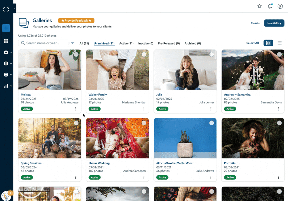 The image shows a screenshot of a photo gallery management interface, displaying various photo galleries with thumbnails, titles, dates, and the number of photos in each gallery. The galleries are categorized as "All," "Unarchived," and "Active," with options to search and create new galleries.