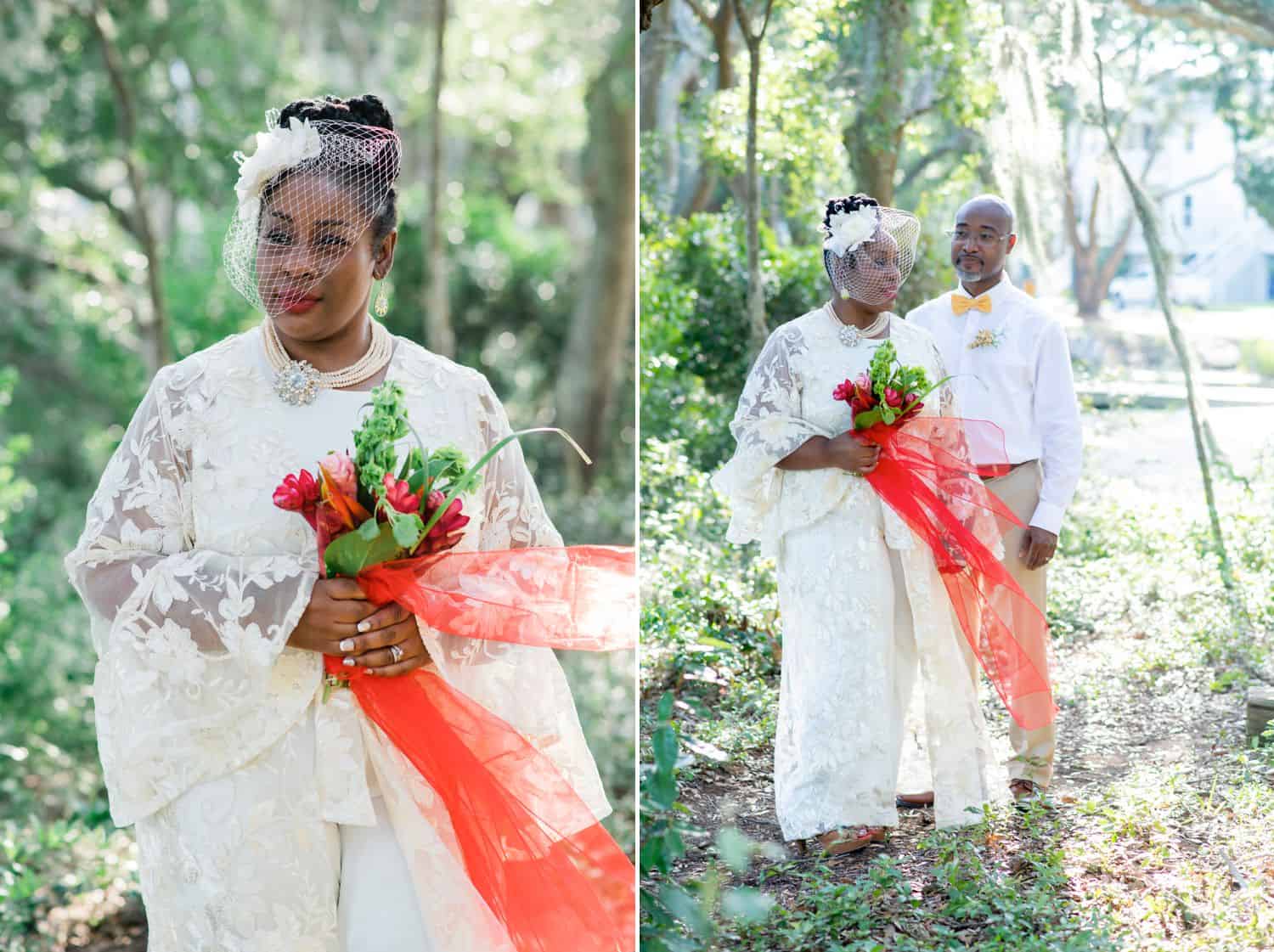 A beautiful Black bride carries a bouquet of red roses for portraits with her new husband