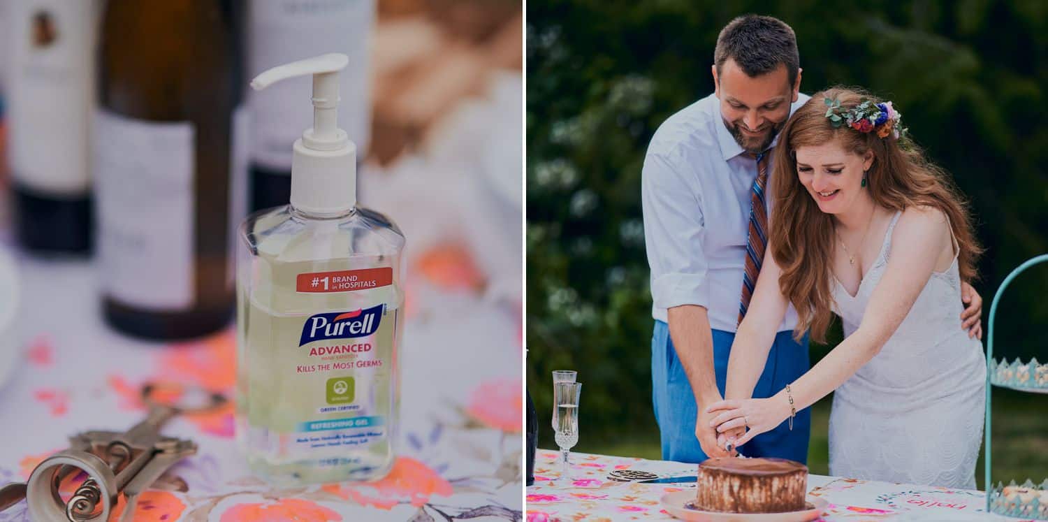 A bottle of hand sanitizer sits on the cake table at a socially distanced wedding held outside during COVID-19