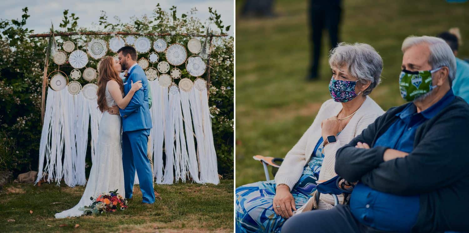 A couple gets married outside with their guests looking on from a distance wearing masks