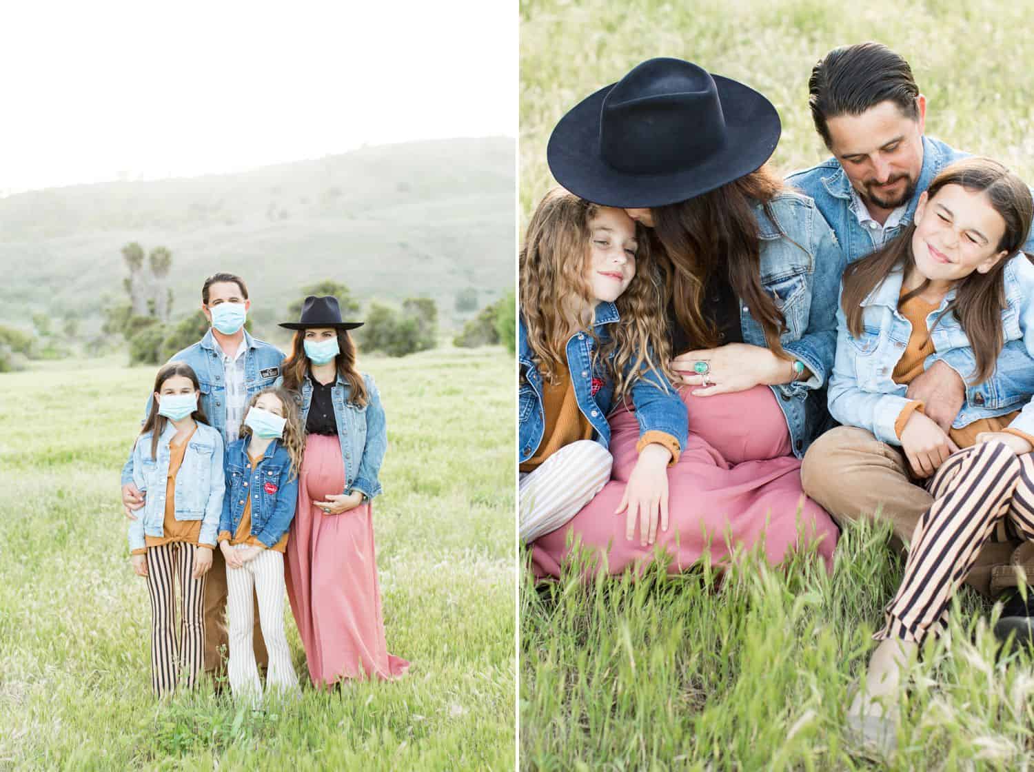 A family is photographed in a field wearing medical masks during coronavirus 2020