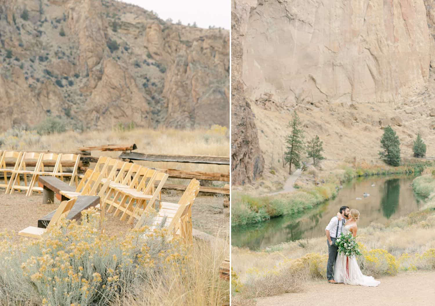 Empty rows of chairs overlook the elopement of a young couple getting married outside