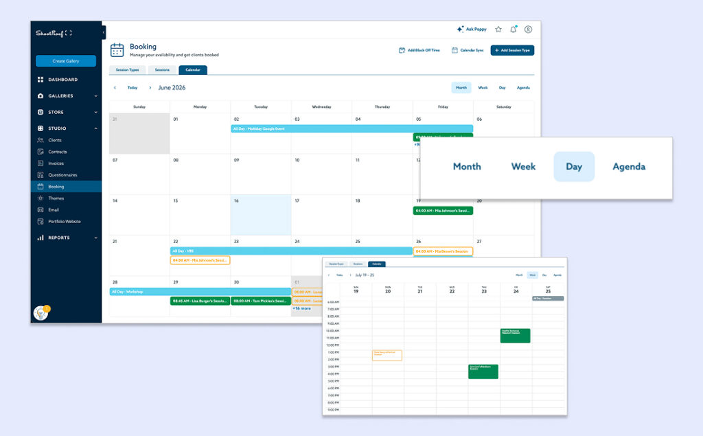 A screenshot of a digital booking calendar interface displays a monthly view for June 2026, with inset graphics highlighting the "Month, Week, Day, Agenda" view options and a smaller window showing a weekly schedule layout.