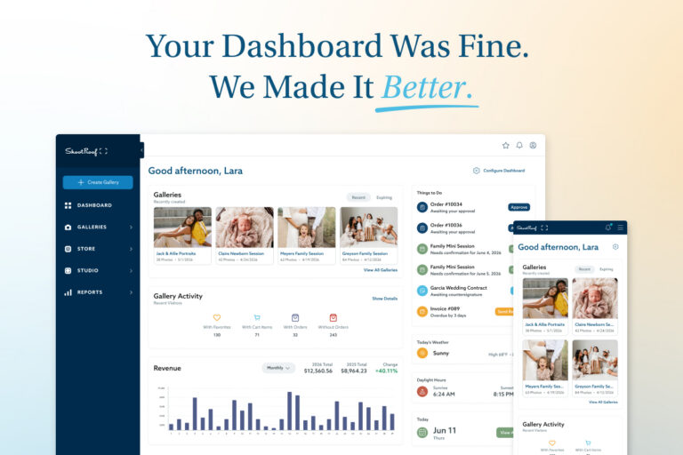 An advertisement for ShootProof features the headline "Your Dashboard Was Fine. We Made It Better." above a clean, modern user interface displayed on both a desktop screen and a mobile phone, showcasing photography galleries, activity metrics, revenue charts, and a to-do list.