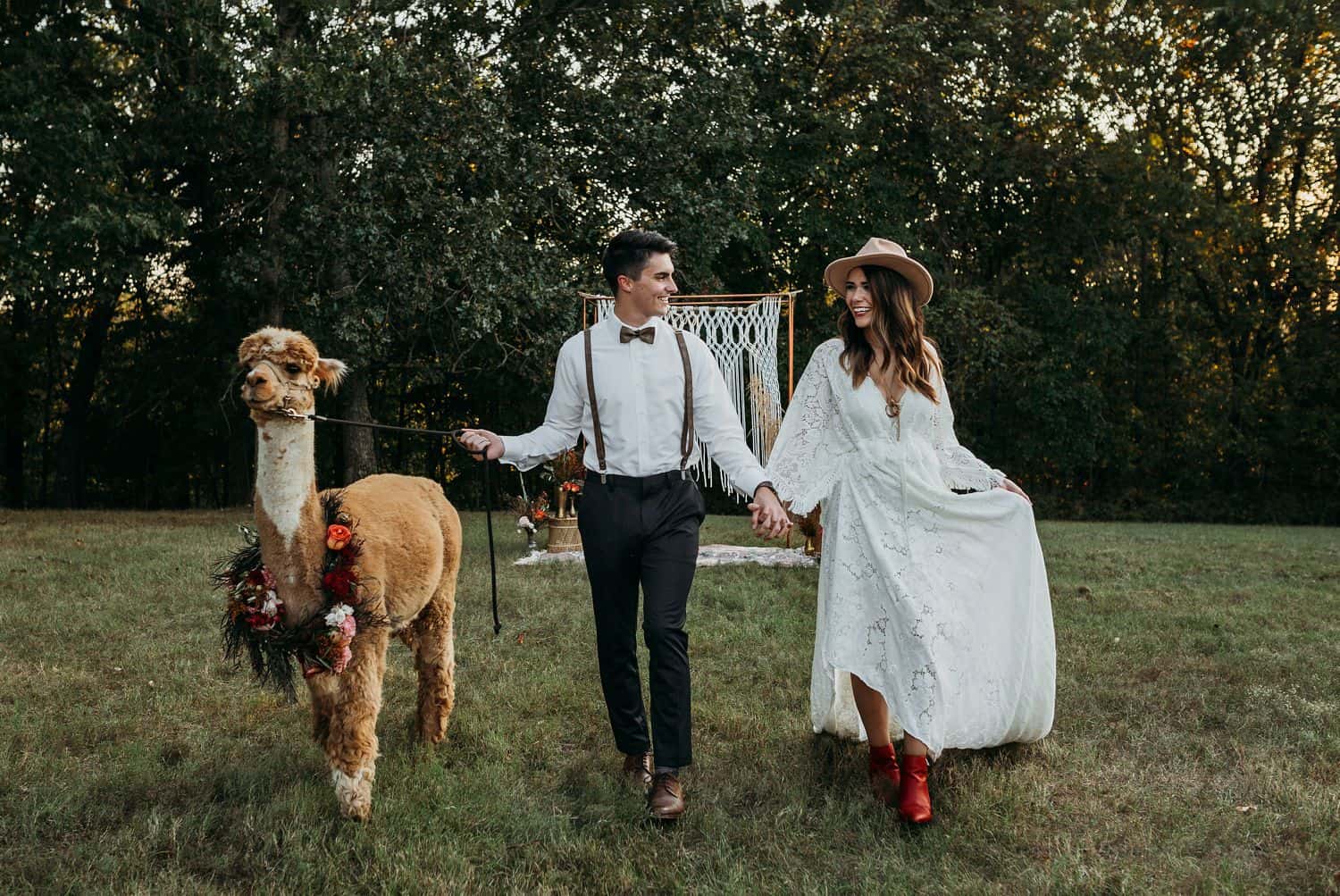 A boho wedding couple walk through a field with an alpaca wearing a floral wreath around his neck