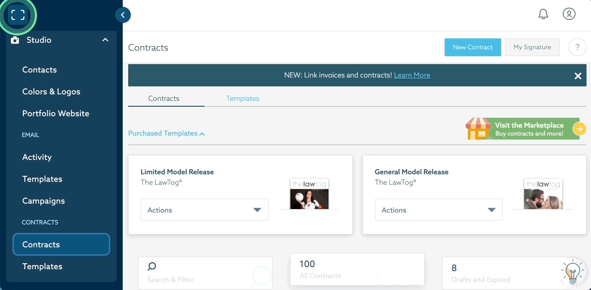 View of new ShootProof Studio navigation and navigating to dashboard home