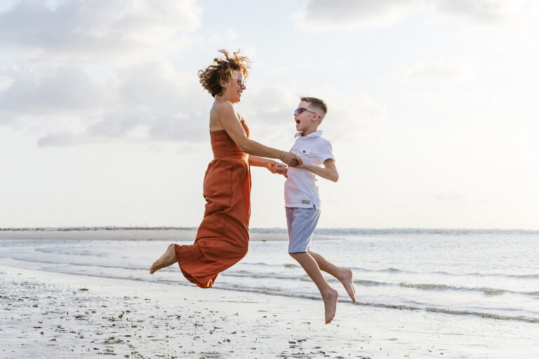 mother and son jumping