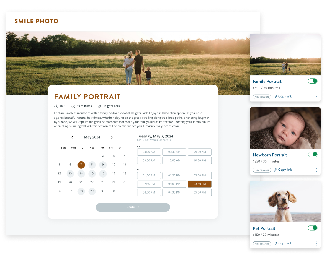 The image shows a website interface for booking a photography session, with a large image of a family in a field and a calendar to select a date for a "Family Portrait" session, alongside smaller previews of "Newborn Portrait" and "Pet Portrait" options. The interface is clean and modern, with a focus on visual appeal and ease of use.