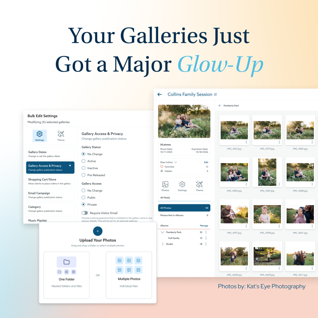 The image shows a split-screen view of a photo gallery management interface, with "Bulk Edit Settings" on the left and a gallery of family photos titled "Collins Family Session" on the right. The interface includes options for gallery access, privacy settings, and uploading photos, alongside thumbnails of family portraits in a park setting.