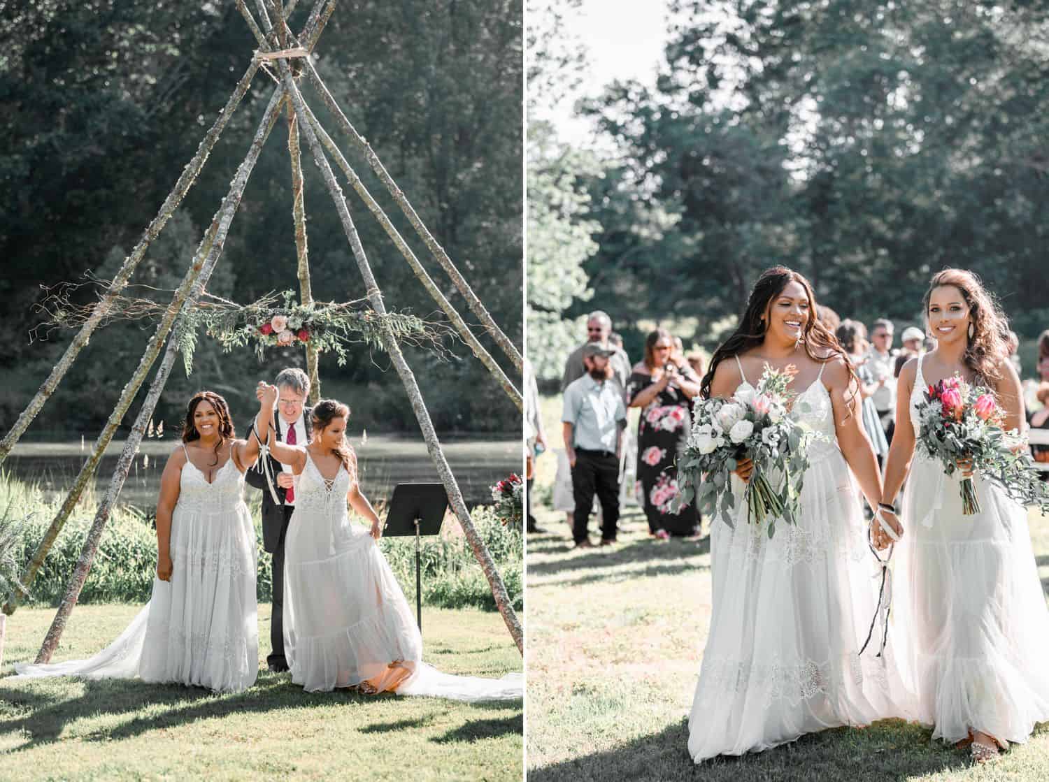 A couple holding hands after being officially married