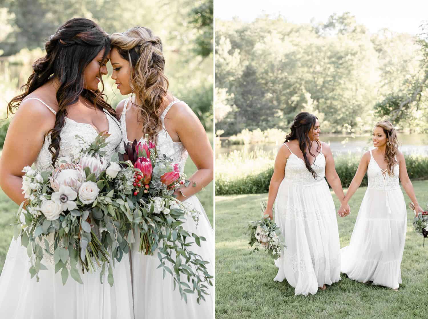 Wedding photos of brides resting their heads on each other and holding hands