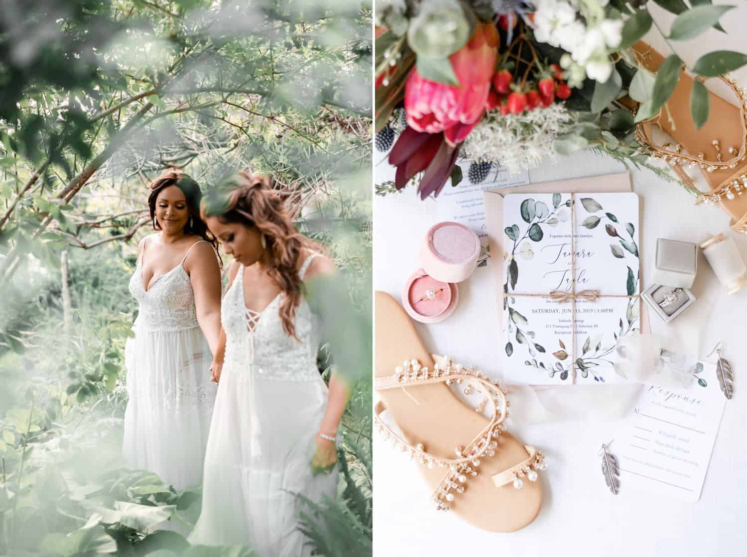 Brides holding hands and details of their wedding invitation