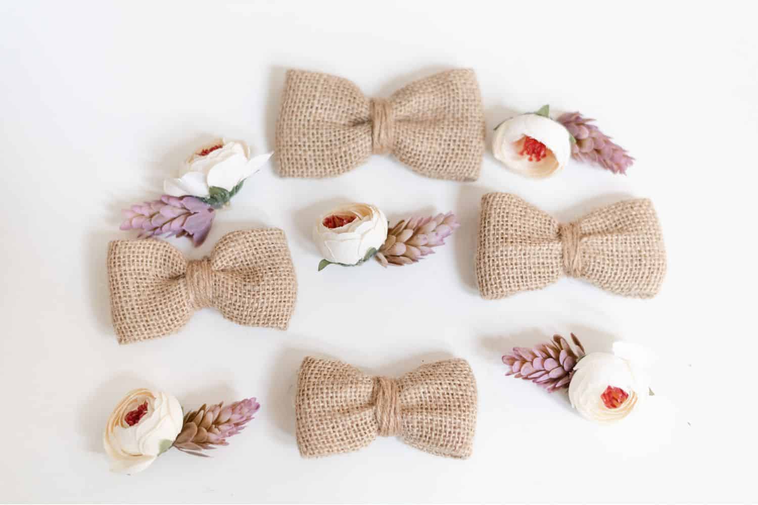 Wedding burlap bow ties and DIY boutonnieres