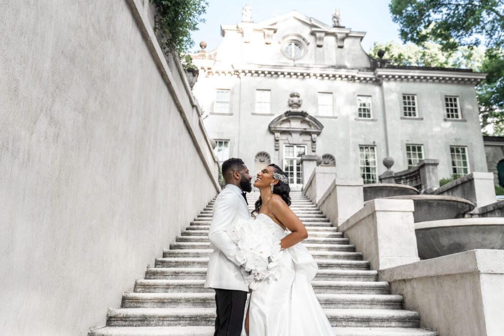 wedding couple bottom of the stairs