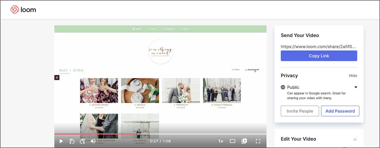 Shelby uses Loom's "share my screen" feature to show her photography clients how to use their ShootProof gallery