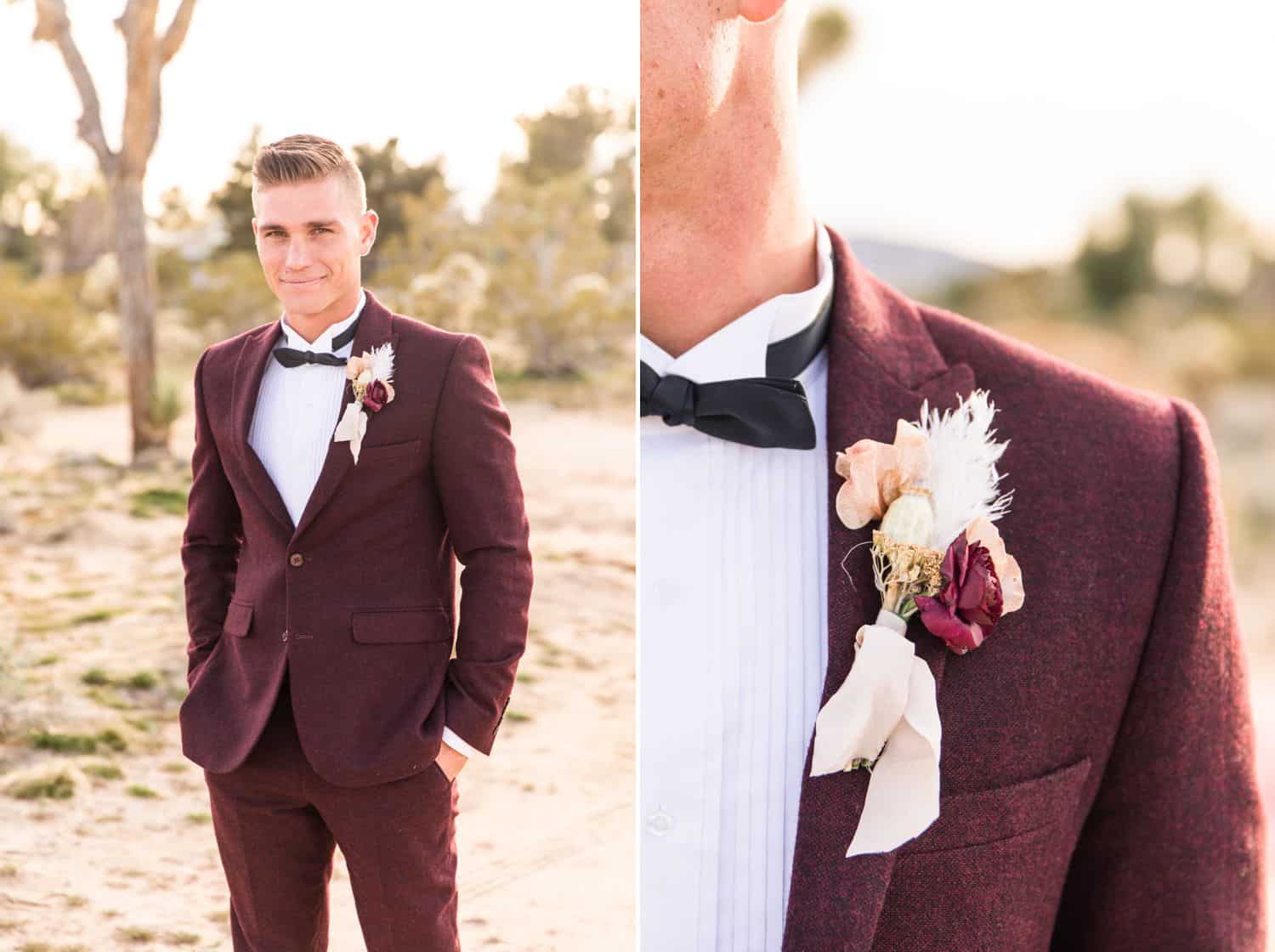 Tips for an Easy, Affordable Styled Shoot (groom in burgundy tuxedo standing in the desert)