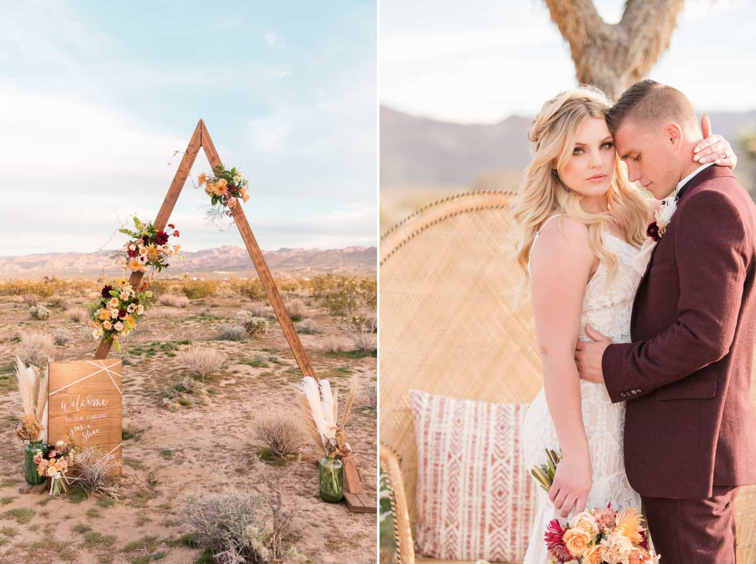 Tips for an Easy, Affordable Styled Shoot (bride and groom in the desert getting married under a modern arch)