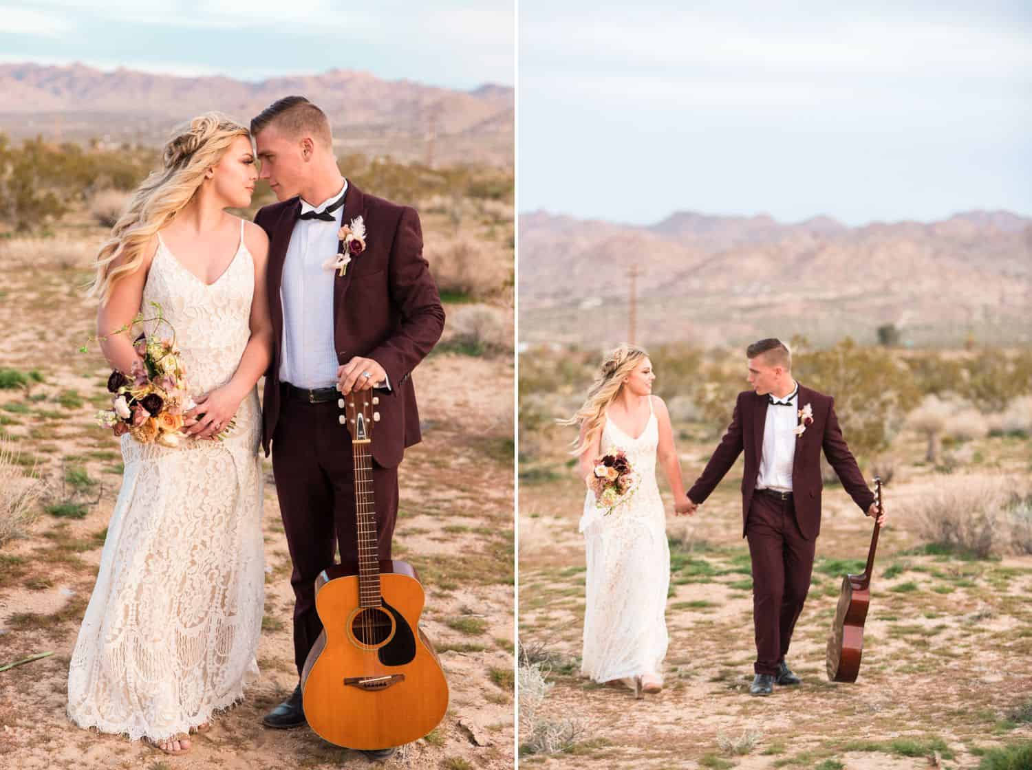 Tips for an Easy, Affordable Styled Shoot (Bride and groom in the desert with a guitar.)