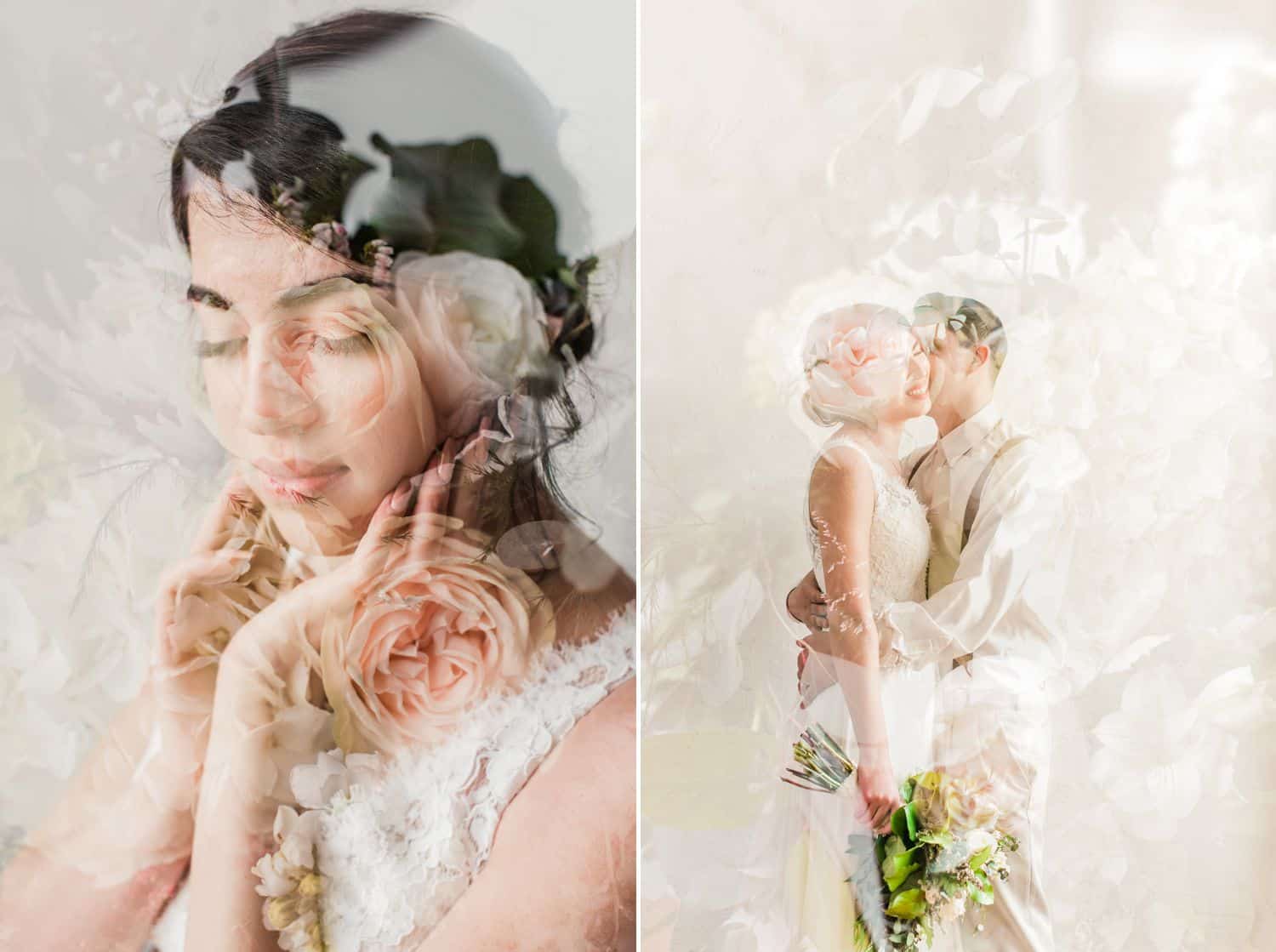 Tips for an Easy, Affordable Styled Shoot (double exposure of wedding couple over flowers)