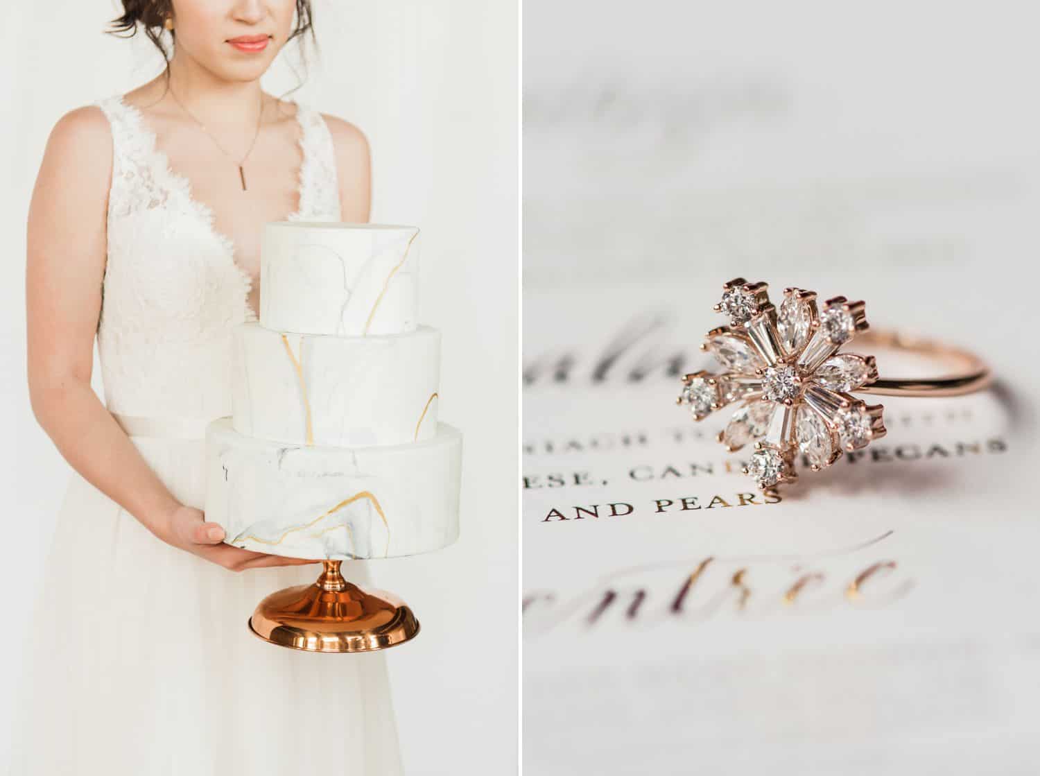 Tips for an Easy, Affordable Styled Shoot (bride holding a wedding cake; snowflake diamond ring)
