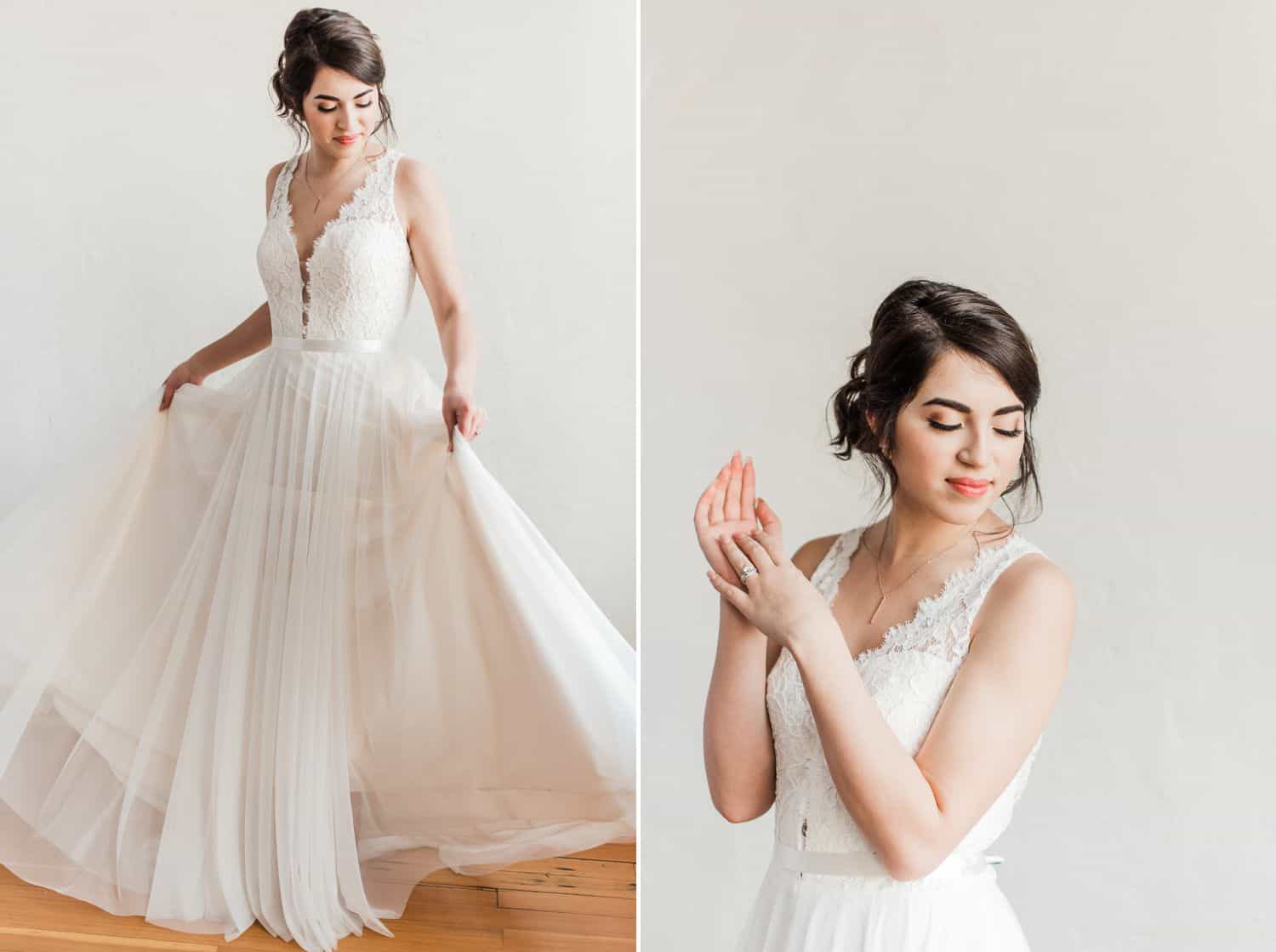 Tips for an Easy, Affordable Styled Shoot (bride in flowing dress against white background)