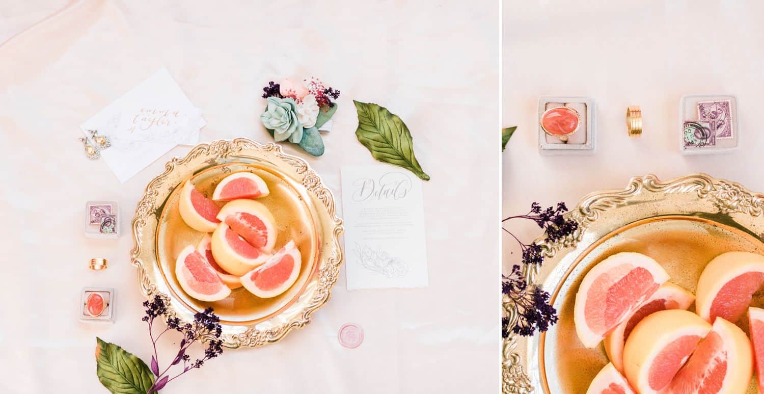 Tips for an Easy, Affordable Styled Shoot (sliced grapefruit surrounded by wedding details)