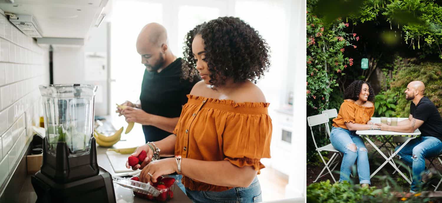 A Black couples cooks in an Airbnb kitchen and eats in the Atlanta courtyard