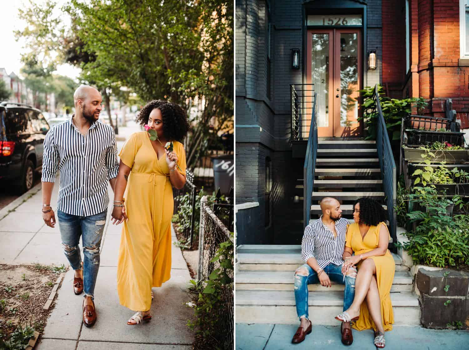 Black couple photographed in an Atlanta neighborhood and outside their Airbnb