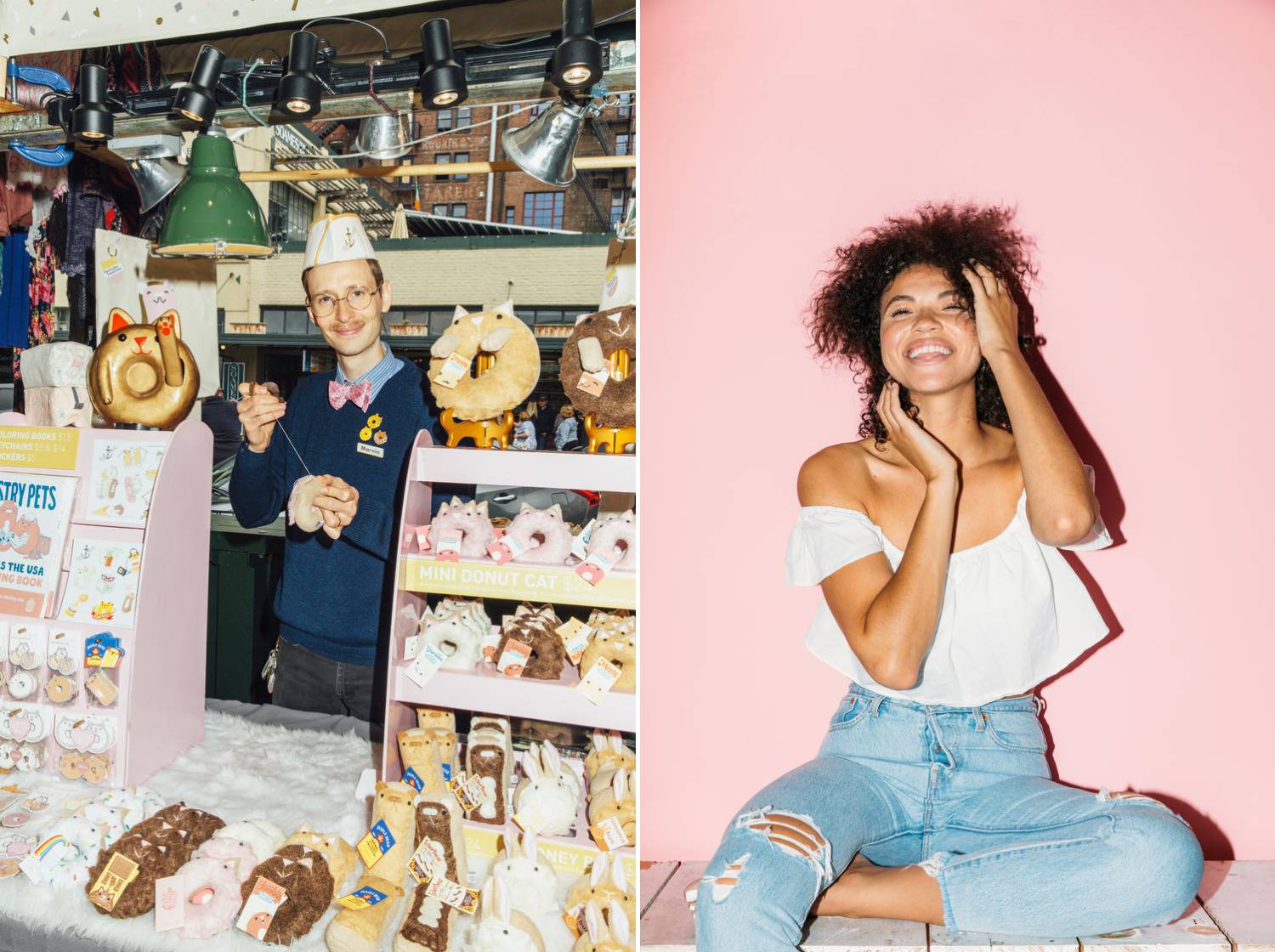 Amber Fouts' photos depict a smiling, mustachioed man selling doughnuts from a kiosk; then a smiling Black woman wearing a white shirt and jeans sitting against a pink studio backdrop.