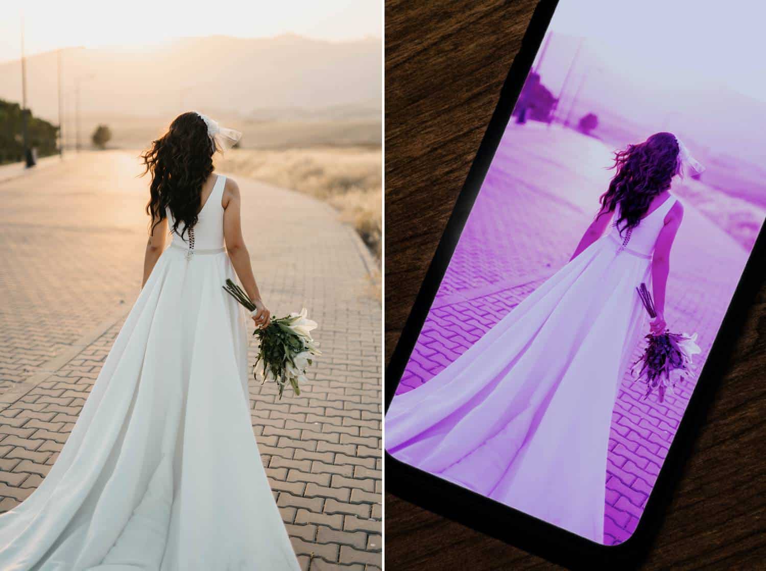 Two photos are displayed side-by-side. On the left is the original photograph of a bride photographed from behind. She is standing on a cobblestone street facing the warm mountain sunset while her dress billows behind her. In the second photo, the bride's image is displayed on an iPhone where it has been overlayed with a fushia filter.