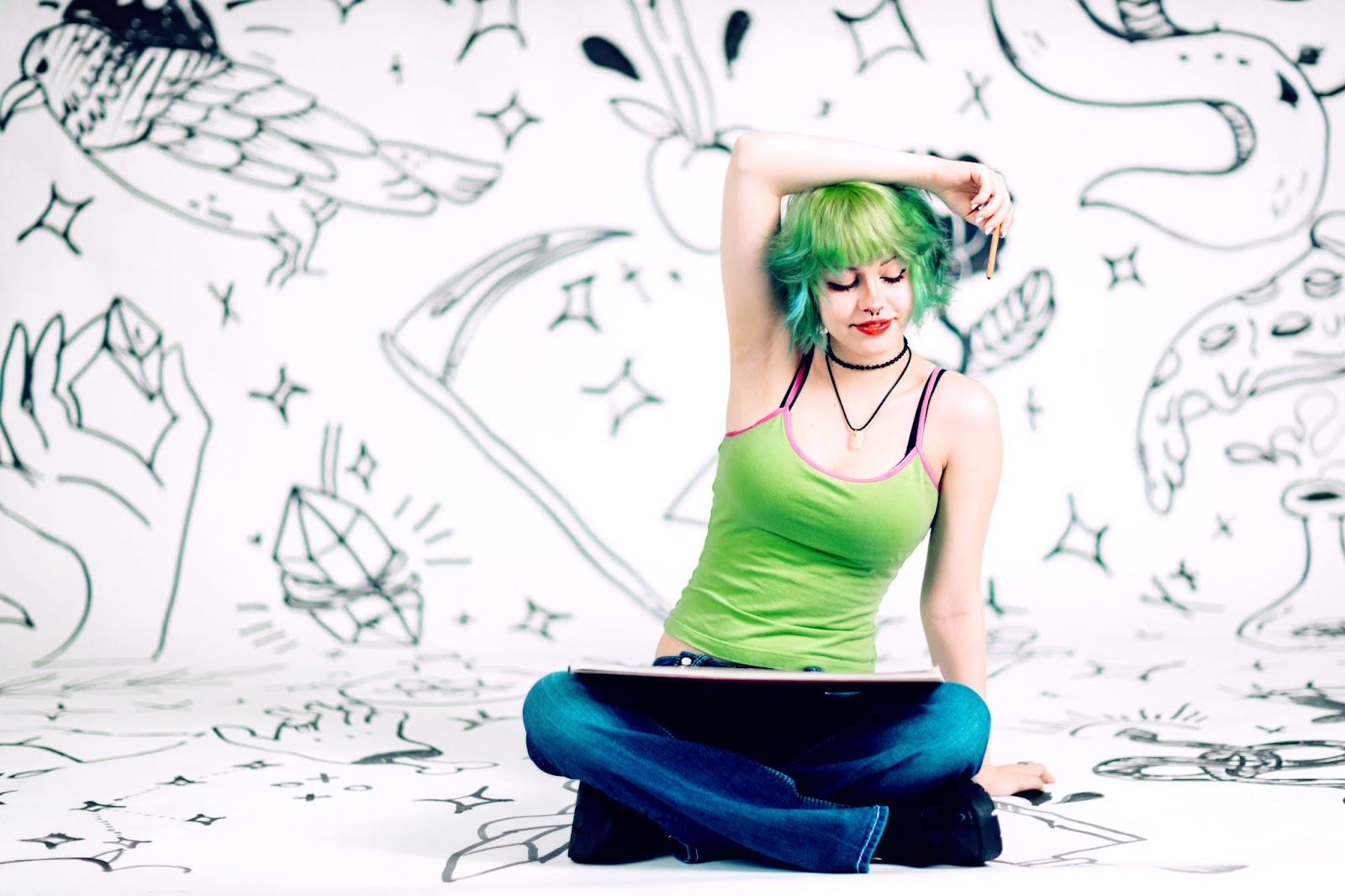 Portrait of girl with drawn backdrop