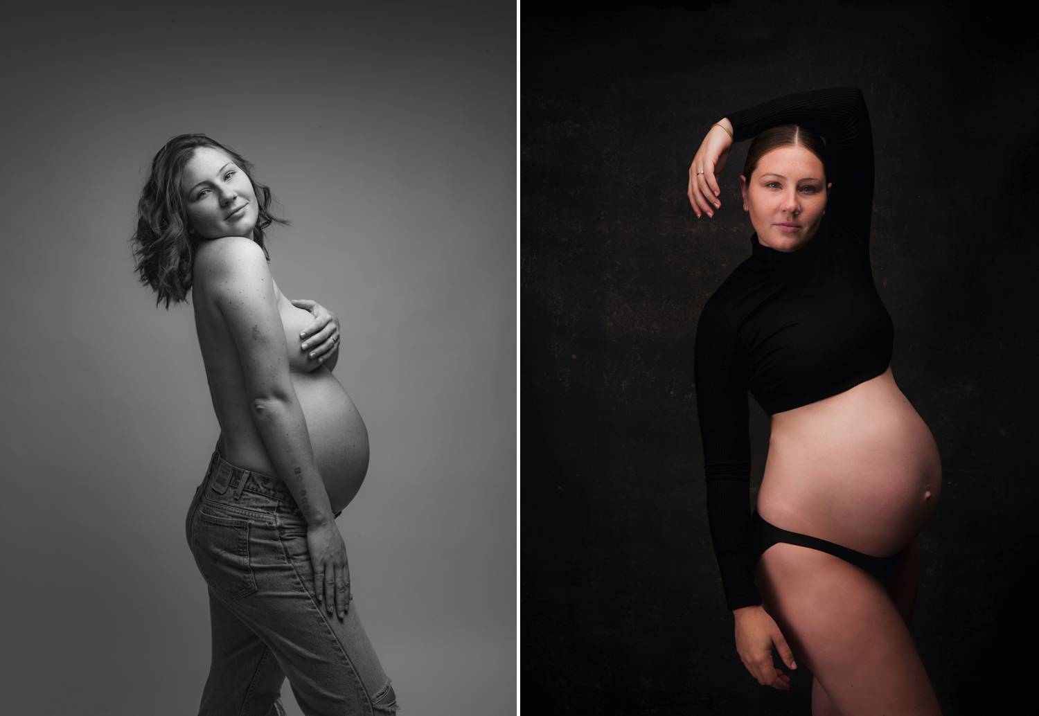 Two studio portraits depict a white woman posing with a round, pregnant belly. In one photo, she's topless, covering her chest with her hand. She poses against a gray backdrop for this black and white image. In the next photo, the woman wears a black sweater that is cropped above her baby bump. One arm hands by her side while the other drapes over her head. She stands against a black backdrop.