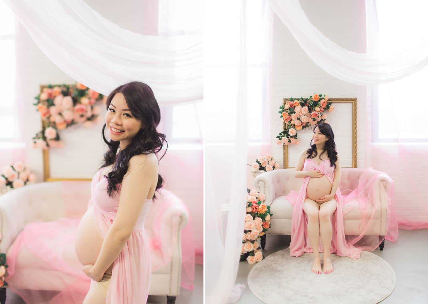 Side-by-side vertical portraits depict a young, Asian, pregnant woman wearing a semi-sheer, light pink dress in a pink-decorated bedroom adorned with flowers.