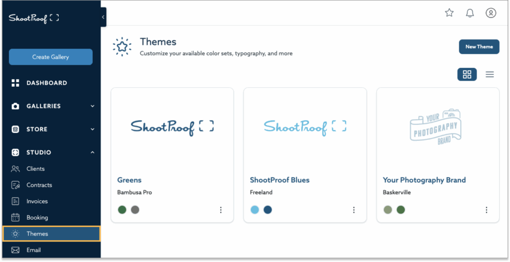 ShootProof themes interface: three customizable themes displayed with color palettes and typography options