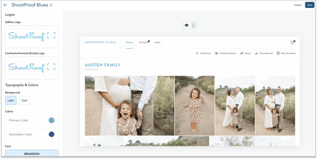 ShootProof gallery showing Austen family photos; branding options including logos and color palettes are also displayed