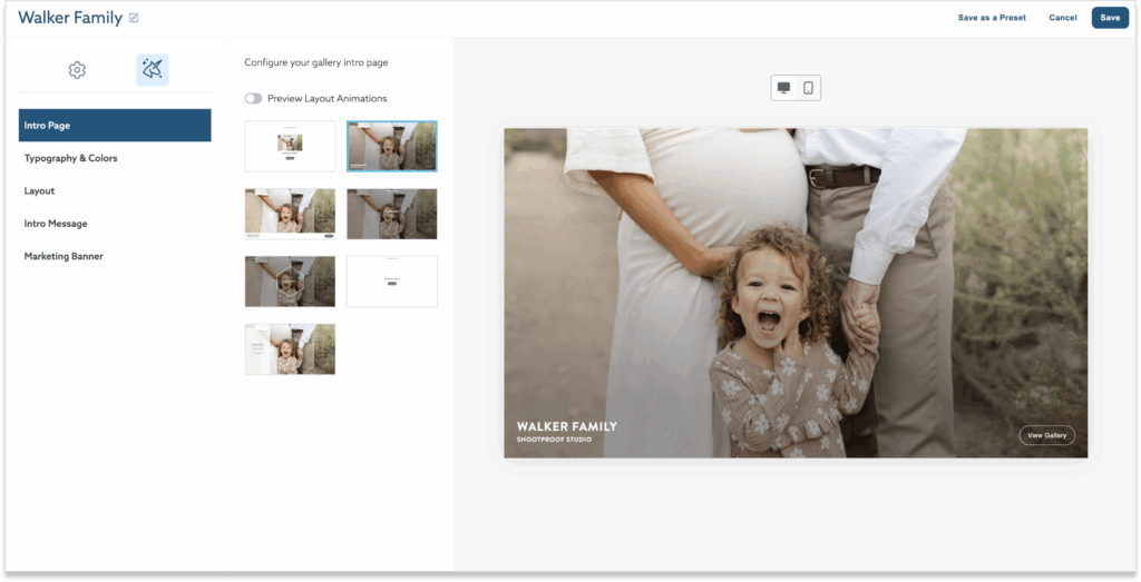 A screenshot of a website interface for configuring a gallery intro page, featuring a family photo with a pregnant woman, a man, and a young girl smiling at the camera. The interface includes options for layout animations and other customization settings.