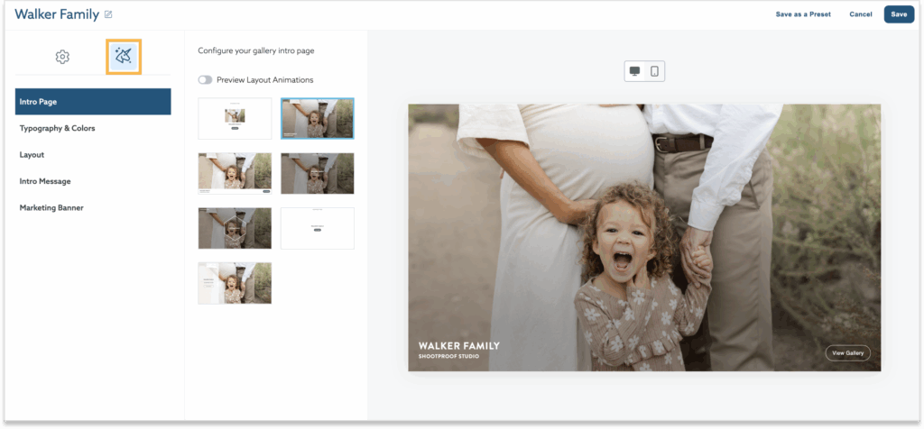Screenshot of a website interface for configuring a photo gallery, featuring a preview of a family photo with a pregnant woman, a man, and a young girl. The interface includes options for customizing the intro page, typography, layout, and marketing banner.