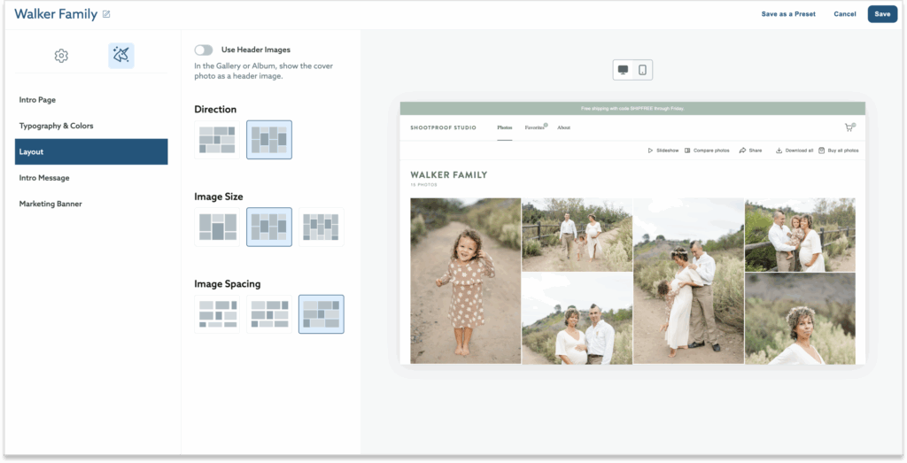 The image shows a website interface for customizing a photo gallery, with options for layout, image size, and spacing. On the right, a preview displays a family photo album titled "Walker Family" with several images of a family in an outdoor setting.