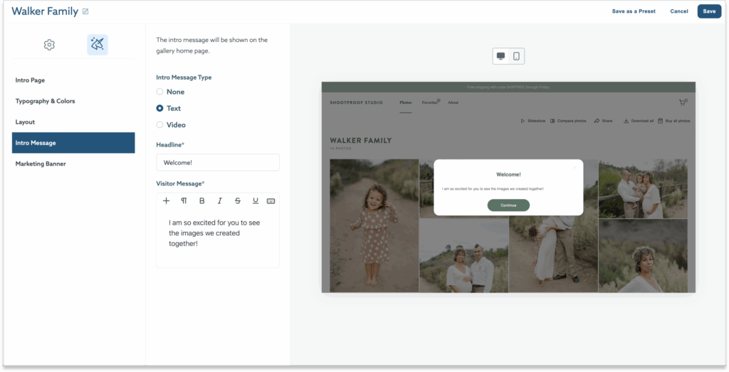 The image shows a website interface for customizing a photo gallery's intro message, with options for headline and visitor message text. On the right, a preview of the gallery displays family photos and a "Welcome!" message overlay.