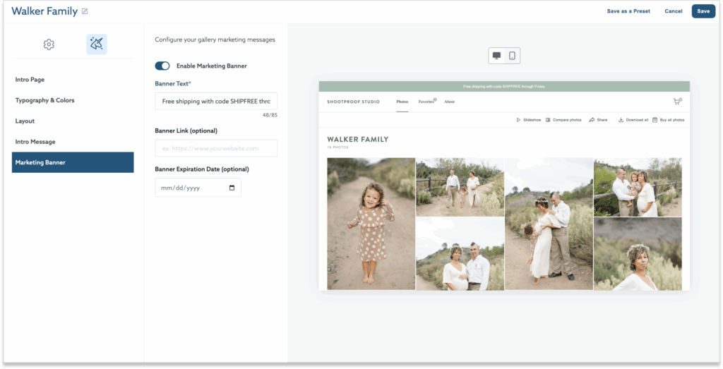 Screenshot of a Shootproof gallery settings page, showing options to configure marketing messages for the "Walker Family" gallery, including enabling a banner with custom text and an optional expiration date. On the right, a preview of the gallery displays family photos in a natural outdoor setting.