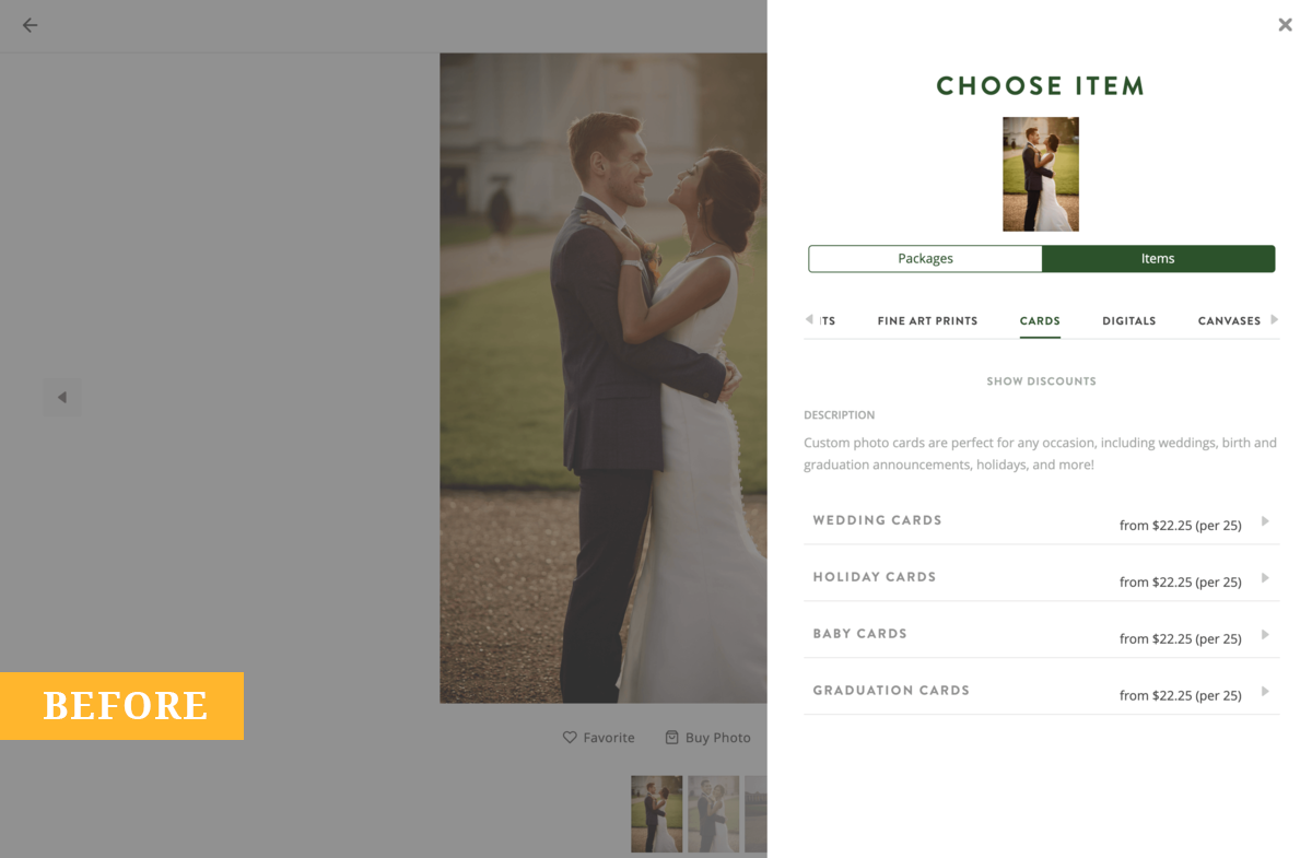Before view of ShootProof WHCC cards