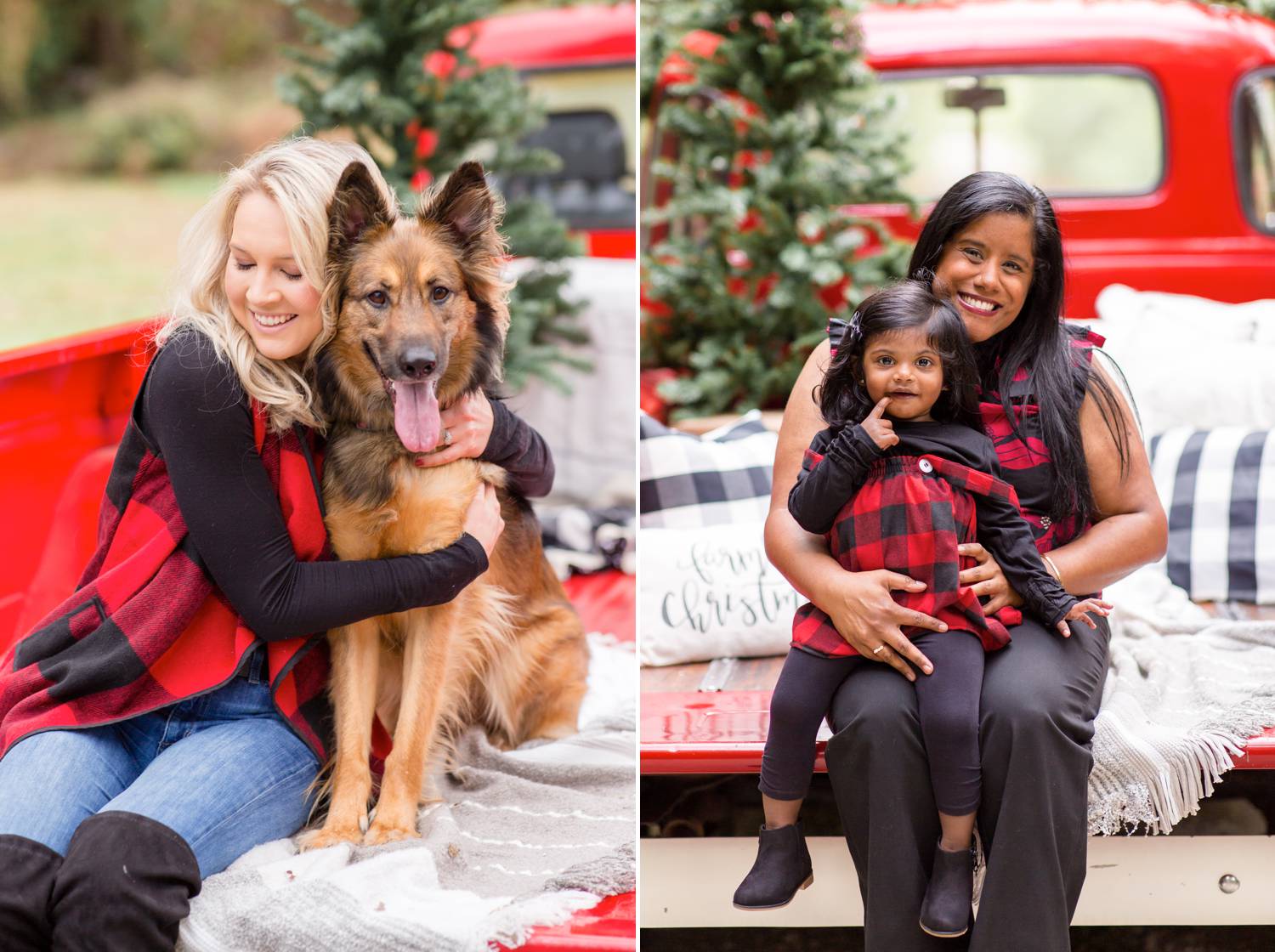 In two photos by Rebecca Rice, women sit on the back of a vintage red pickup truck. A Christmas tree sits in the truck bed behind them. In one photo, a blonde woman hugs her fluffy dog. In the other photo, a brunette woman of color holds her tiny daughter in her lap. Christmas Mini Session: Ideas Families will ADORE!