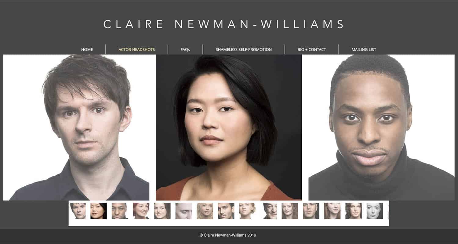 A series of headshots are showcased on a page of Claire Newman-Williams' website. On the left is a portrait of a Caucasian man. In the middle, an Asian woman's portrait is featured. And on the left, a Black man's photograph is shown.