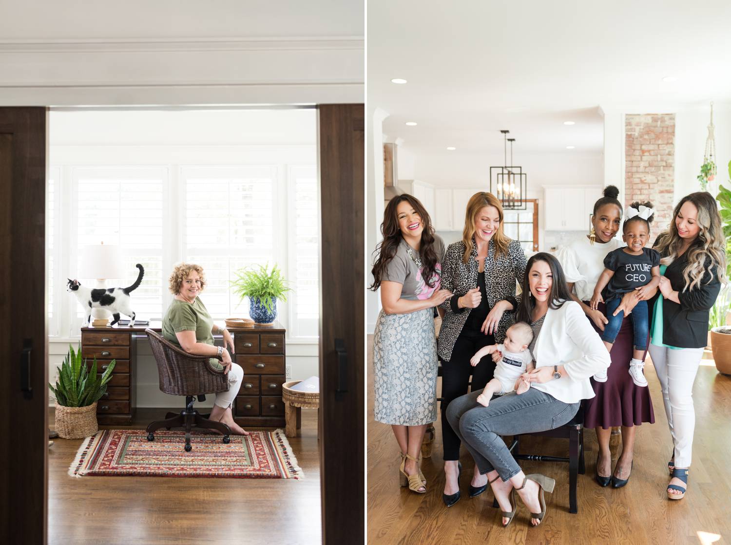 By Mandy Liz: In one photo, a woman sits at a desk framed by a large window. Her cat is standing on her desk. In another photo, a group of entrepreneurs gather together with two children to celebrate positive client feedback.