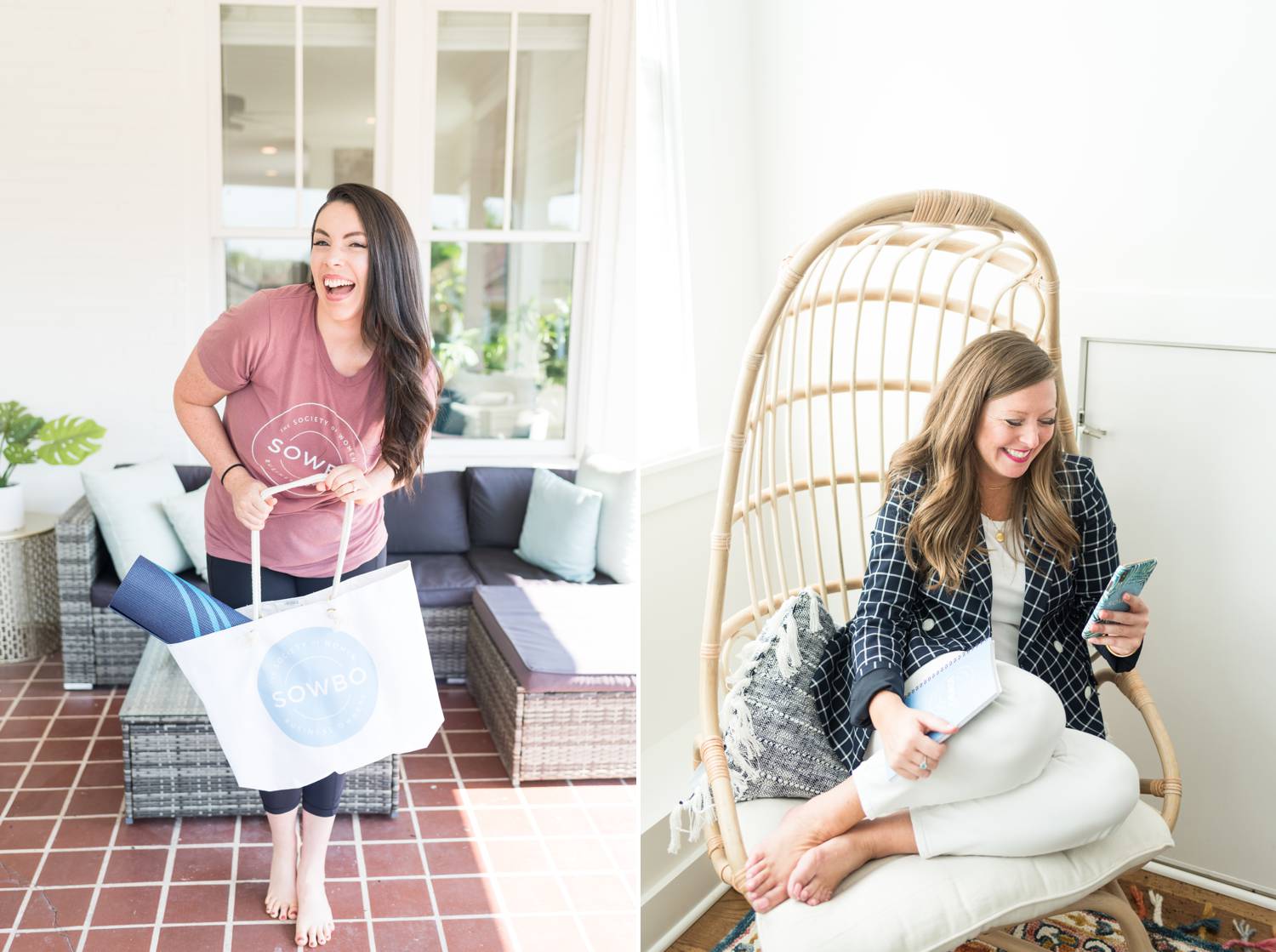 By Mandy Liz: A woman stands on a patio holding a bag with yoga gear. In another photo, and woman sits in a wicker chair reviewing client feedback on her phone.