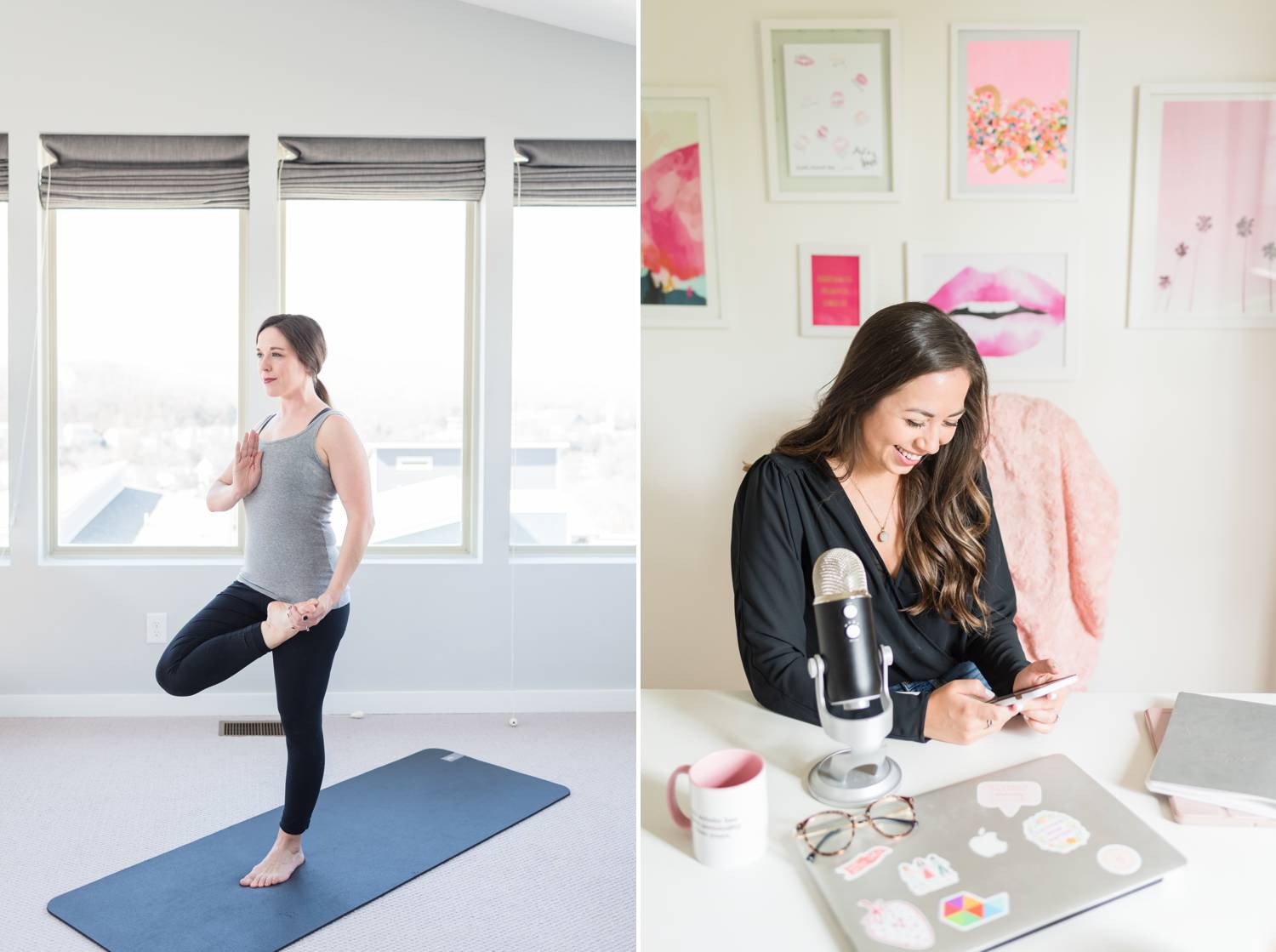 By Mandy Liz: In one photo, a woman poses on a yoga mat in a brightly lit room. In the next photo, a podcaster reviews client feedback on her phone.